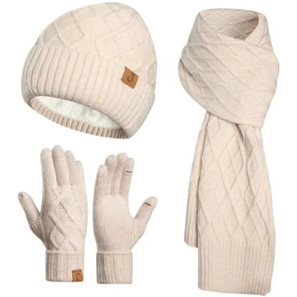 Winter Beanie Warm Hat Long Scarf Touchscreen Glove Set with Fleece‎ Lined Skull